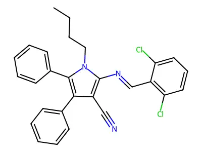 1-butyl-2-[(2,6-dichlorophenyl)methylideneamino]-4,5-diphenyl-pyrrole-3-carbonitrile structure