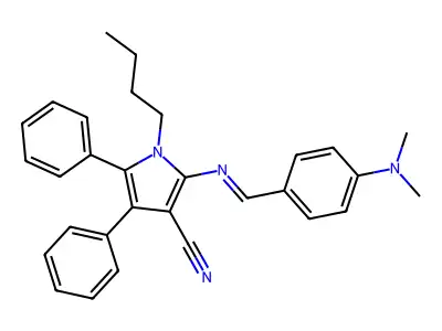 1-butyl-2-[(4-dimethylaminophenyl)methylideneamino]-4,5-diphenyl-pyrrole-3-carbonitrile structure