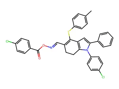[[1-(4-chlorophenyl)-4-(4-methylphenyl)sulfanyl-2-phenyl-6,7-dihydroindol-5-yl]methylideneamino] 4-chlorobenzoate structure