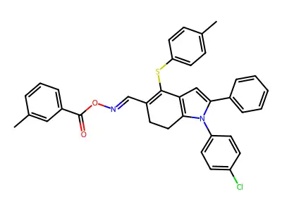 [[1-(4-chlorophenyl)-4-(4-methylphenyl)sulfanyl-2-phenyl-6,7-dihydroindol-5-yl]methylideneamino] 3-methylbenzoate structure