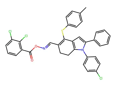 [[1-(4-chlorophenyl)-4-(4-methylphenyl)sulfanyl-2-phenyl-6,7-dihydroindol-5-yl]methylideneamino] 2,3-dichlorobenzoate structure
