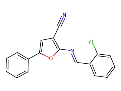 2-{[(E)-(2-chlorophenyl)methylidene]amino}-5-phenyl-3-furonitrile structure