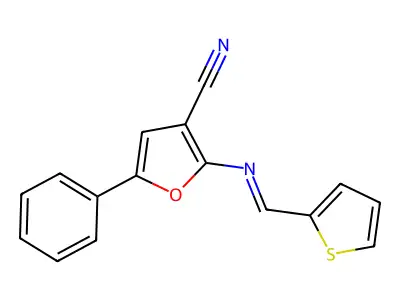 5-phenyl-2-{[(E)-2-thienylmethylidene]amino}-3-furonitrile structure
