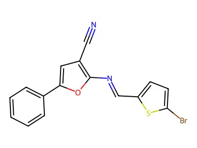 2-{[(E)-(5-bromo-2-thienyl)methylidene]amino}-5-phenyl-3-furonitrile structure