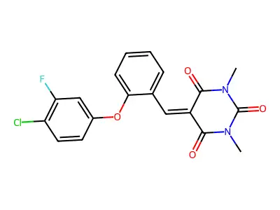 5-{[2-(4-chloro-3-fluorophenoxy)phenyl]methylene}-1,3-dimethyl-2,4,6(1H,3H,5H)-pyrimidinetrione structure