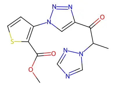 methyl 3-{4-[2-(1H-1,2,4-triazol-1-yl)propanoyl]-1H-1,2,3-triazol-1-yl}-2-thiophenecarboxylate structure