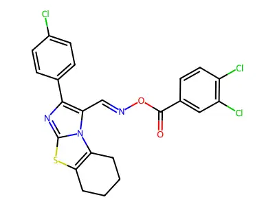 [[2-(4-chlorophenyl)-5,6,7,8-tetrahydroimidazo[2,1-b][1,3]benzothiazol-1-yl]methylideneamino] 3,4-dichlorobenzoate structure