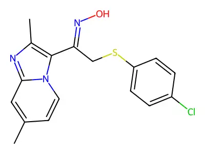 N-[2-(4-chlorophenyl)sulfanyl-1-(2,7-dimethylimidazo[1,2-a]pyridin-3-yl)ethylidene]hydroxylamine structure
