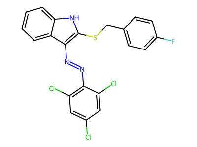 2-[(4-fluorobenzyl)sulfanyl]-3H-indol-3-one N-(2,4,6-trichlorophenyl)hydrazone structure