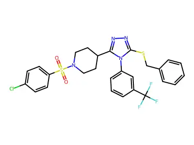 4-[5-benzylsulfanyl-4-[3-(trifluoromethyl)phenyl]-1,2,4-triazol-3-yl]-1-(4-chlorophenyl)sulfonylpiperidine structure