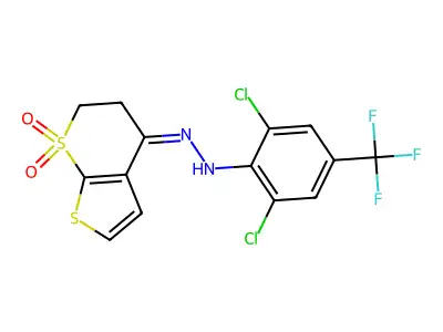 2,3-dihydro-1lambda~6~-thieno[2,3-b]thiopyran-1,1,4-trione 4-{N-[2,6-dichloro-4-(trifluoromethyl)phenyl]hydrazone} structure