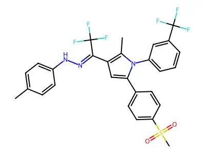 2,2,2-trifluoro-1-{2-methyl-5-[4-(methylsulfonyl)phenyl]-1-[3-(trifluoromethyl)phenyl]-1H-pyrrol-3-yl}-1-ethanone N-(4-methylphenyl)hydrazone structure