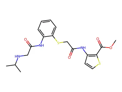 methyl 3-({2-[(2-{[2-(isopropylamino)acetyl]amino}phenyl)sulfanyl]acetyl}amino)-2-thiophenecarboxylate structure