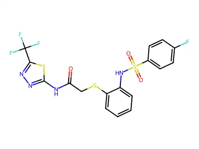 2-[(2-{[(4-fluorophenyl)sulfonyl]amino}phenyl)sulfanyl]-N-[5-(trifluoromethyl)-1,3,4-thiadiazol-2-yl]acetamide structure
