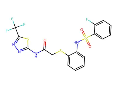 2-[(2-{[(2-fluorophenyl)sulfonyl]amino}phenyl)sulfanyl]-N-[5-(trifluoromethyl)-1,3,4-thiadiazol-2-yl]acetamide structure