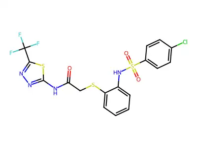 2-[(2-{[(4-chlorophenyl)sulfonyl]amino}phenyl)sulfanyl]-N-[5-(trifluoromethyl)-1,3,4-thiadiazol-2-yl]acetamide structure