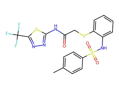 2-[(2-{[(4-methylphenyl)sulfonyl]amino}phenyl)sulfanyl]-N-[5-(trifluoromethyl)-1,3,4-thiadiazol-2-yl]acetamide structure