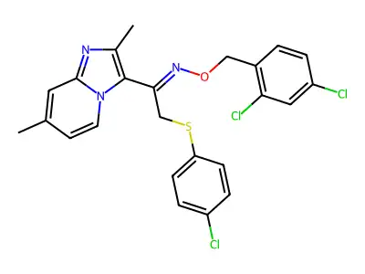 2-(4-chlorophenyl)sulfanyl-N-[(2,4-dichlorophenyl)methoxy]-1-(2,7-dimethylimidazo[1,2-a]pyridin-3-yl)ethanimine structure