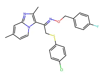 {2-[(4-chlorophenyl)sulfanyl]-1-{2,7-dimethylimidazo[1,2-a]pyridin-3-yl}ethylidene}[(4-fluorophenyl)methoxy]amine structure