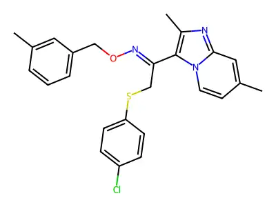 2-(4-chlorophenyl)sulfanyl-1-(2,7-dimethylimidazo[1,2-a]pyridin-3-yl)-N-[(3-methylphenyl)methoxy]ethanimine structure