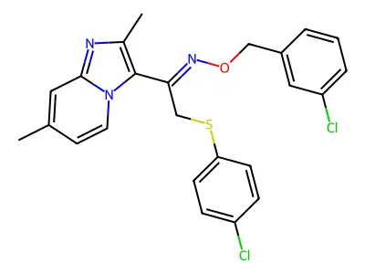 2-[(4-chlorophenyl)sulfanyl]-1-(2,7-dimethylimidazo[1,2-a]pyridin-3-yl)-1-ethanone O-(3-chlorobenzyl)oxime structure