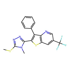2-[4-methyl-5-(methylsulfanyl)-4H-1,2,4-triazol-3-yl]-3-phenyl-6-(trifluoromethyl)thieno[3,2-b]pyridine structure
