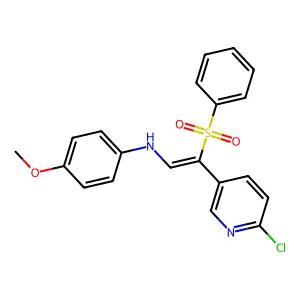 N-[(E)-2-(benzenesulfonyl)-2-(6-chloropyridin-3-yl)ethenyl]-4-methoxyaniline structure