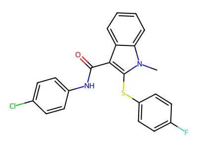 N-(4-chlorophenyl)-2-[(4-fluorophenyl)sulfanyl]-1-methyl-1H-indole-3-carboxamide structure