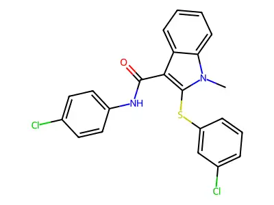 N-(4-chlorophenyl)-2-[(3-chlorophenyl)sulfanyl]-1-methyl-1H-indole-3-carboxamide structure