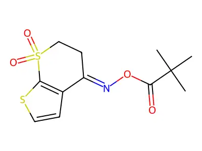 [(7,7-dioxo-5,6-dihydrothieno[2,3-b]thiopyran-4-ylidene)amino] 2,2-dimethylpropanoate structure