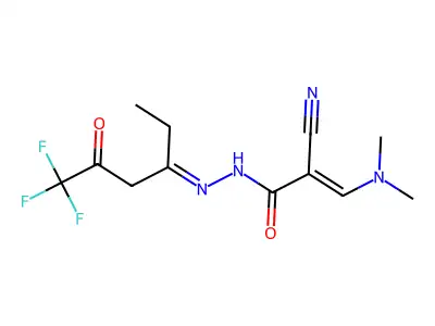 (E)-2-cyano-3-(dimethylamino)-N'-[(E)-1-ethyl-4,4,4-trifluoro-3-oxobutylidene]-2-propenohydrazide structure