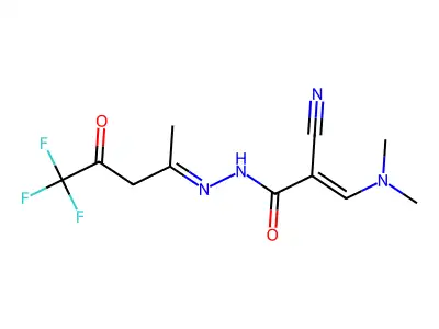 2-cyano-3-(dimethylamino)-N'-(5,5,5-trifluoro-4-oxopentan-2-ylidene)prop-2-enehydrazide structure