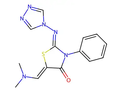 5-(dimethylaminomethylidene)-3-phenyl-2-(1,2,4-triazol-4-ylimino)-1,3-thiazolidin-4-one structure