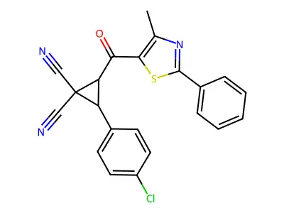 2-(4-chlorophenyl)-3-(4-methyl-2-phenyl-1,3-thiazole-5-carbonyl)cyclopropane-1,1-dicarbonitrile structure