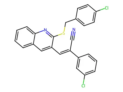 2-(3-chlorophenyl)-3-[2-[(4-chlorophenyl)methylsulfanyl]quinolin-3-yl]prop-2-enenitrile structure