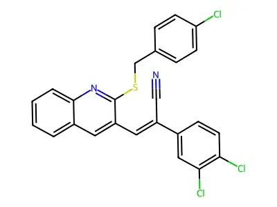 3-[2-[(4-chlorophenyl)methylsulfanyl]quinolin-3-yl]-2-(3,4-dichlorophenyl)prop-2-enenitrile structure