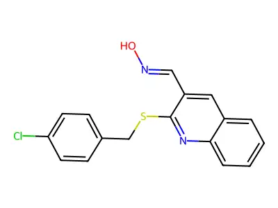 N-[[2-[(4-chlorophenyl)methylsulfanyl]quinolin-3-yl]methylidene]hydroxylamine structure