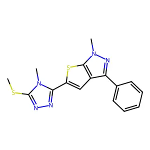 1-methyl-5-[4-methyl-5-(methylsulfanyl)-4H-1,2,4-triazol-3-yl]-3-phenyl-1H-thieno[2,3-c]pyrazole structure