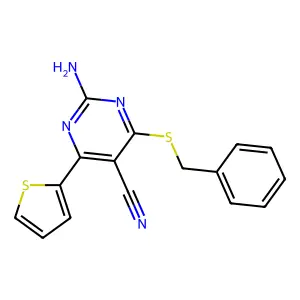 2-Amino-4-(benzylsulfanyl)-6-(2-thienyl)-5-pyrimidinecarbonitrile structure