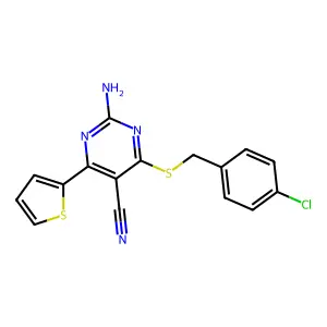 2-Amino-4-[(4-chlorobenzyl)sulfanyl]-6-(2-thienyl)-5-pyrimidinecarbonitrile structure
