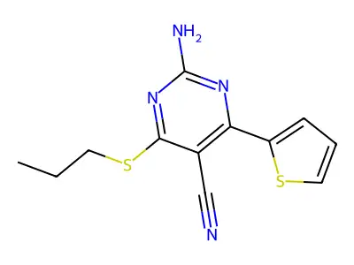 2-Amino-4-(propylsulfanyl)-6-(2-thienyl)-5-pyrimidinecarbonitrile structure