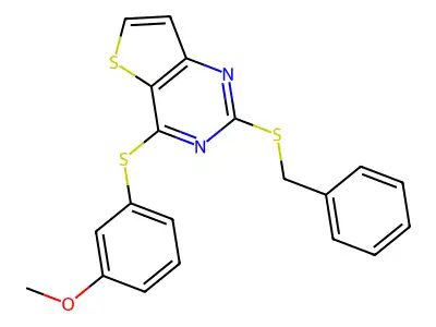 2-(Benzylsulfanyl)-4-[(3-methoxyphenyl)sulfanyl]thieno[3,2-d]pyrimidine structure