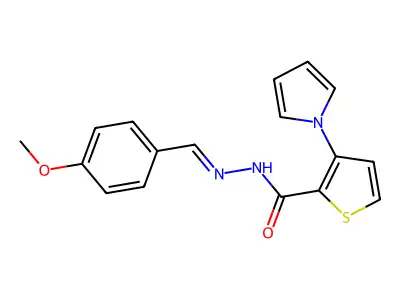N-[(4-methoxyphenyl)methylideneamino]-3-pyrrol-1-ylthiophene-2-carboxamide structure