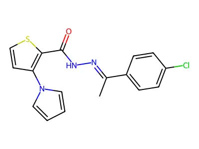 N-[1-(4-chlorophenyl)ethylideneamino]-3-pyrrol-1-ylthiophene-2-carboxamide structure