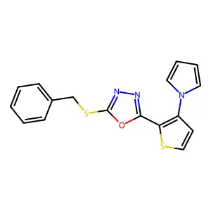 2-(benzylsulfanyl)-5-[3-(1H-pyrrol-1-yl)-2-thienyl]-1,3,4-oxadiazole structure