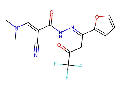 (E)-2-cyano-3-(dimethylamino)-N'-[(E)-4,4,4-trifluoro-1-(2-furyl)-3-oxobutylidene]-2-propenohydrazide structure