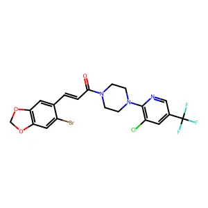 (E)-3-(6-bromo-1,3-benzodioxol-5-yl)-1-{4-[3-chloro-5-(trifluoromethyl)-2-pyridinyl]piperazino}-2-propen-1-one structure