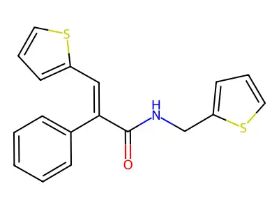 2-phenyl-3-thiophen-2-yl-N-(thiophen-2-ylmethyl)prop-2-enamide structure