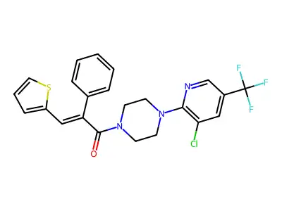 (E)-1-{4-[3-chloro-5-(trifluoromethyl)-2-pyridinyl]piperazino}-2-phenyl-3-(2-thienyl)-2-propen-1-one structure