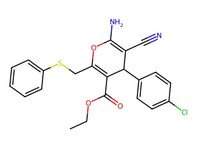 ethyl 6-amino-4-(4-chlorophenyl)-5-cyano-2-[(phenylsulfanyl)methyl]-4H-pyran-3-carboxylate structure